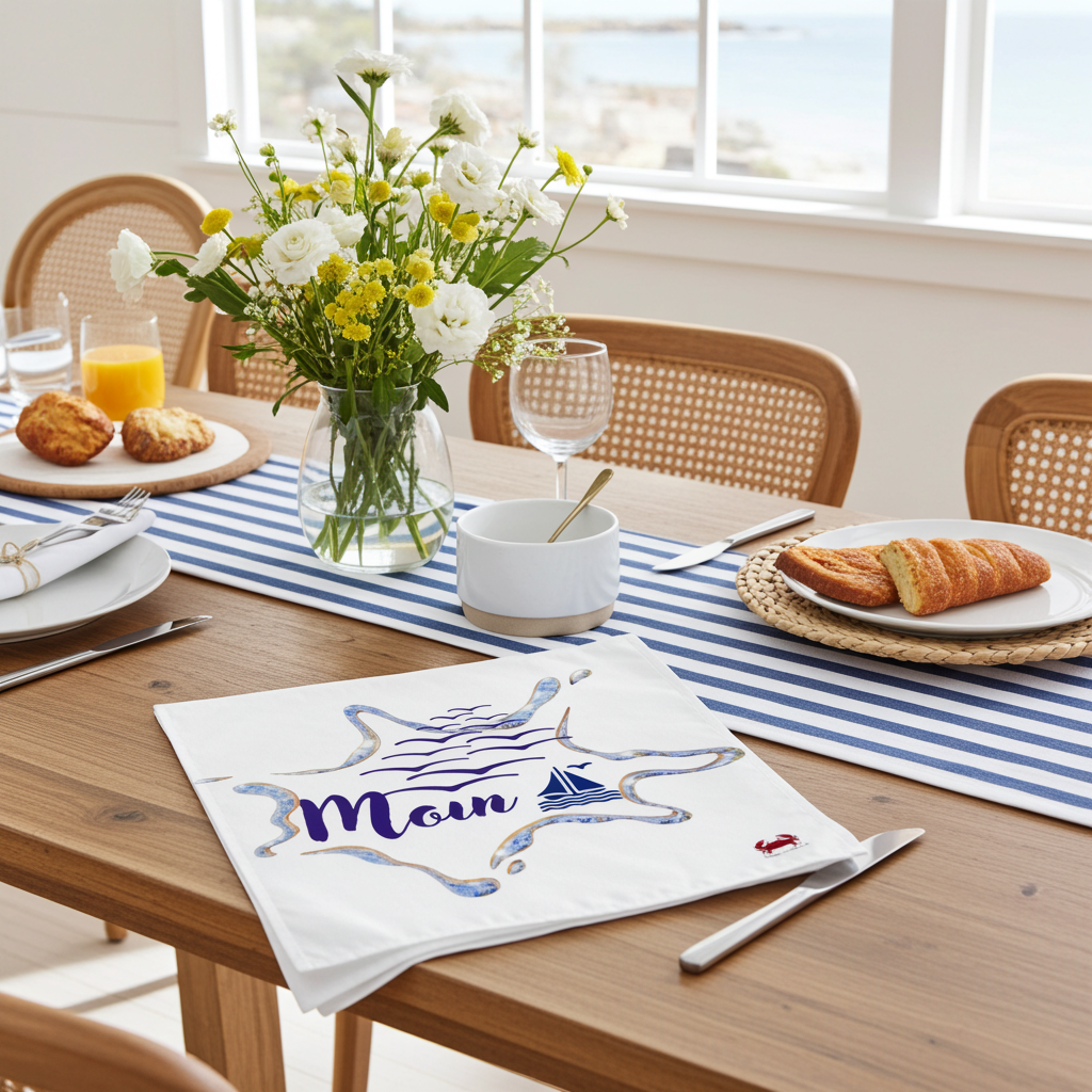 Maritime Tischdekoration mit Stoffservietten gedeckter Tisch