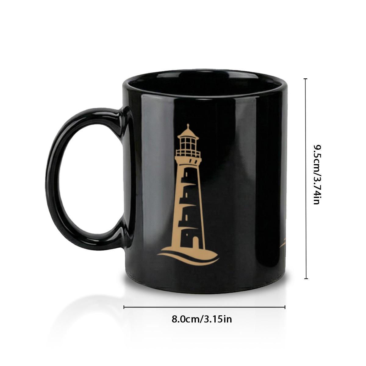 Schwarzer Keramikbecher mit Leuchtturm-Motiv – 340 ml