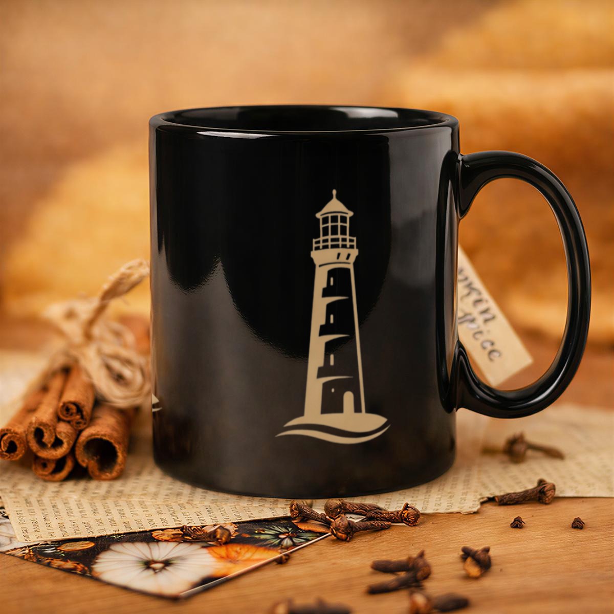 Schwarzer Keramikbecher mit Leuchtturm-Motiv – 340 ml