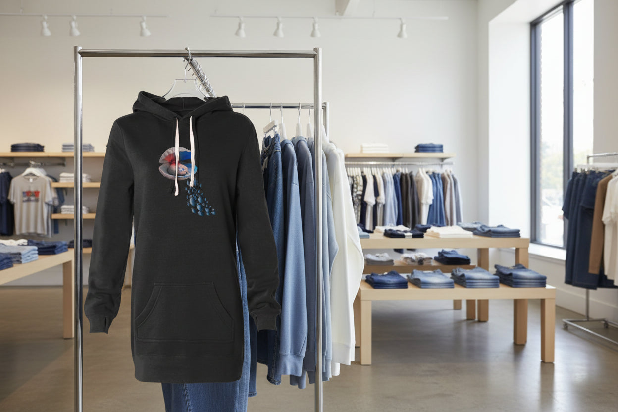 Kapuzenkleid schwarz Vorderansicht, Motiv Muschel mit Fischen, Daumenlöcher