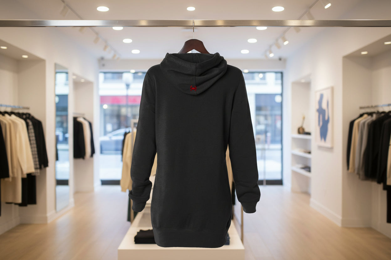 Kapuzenkleid schwarz Rückenansicht, Logo Krabbe