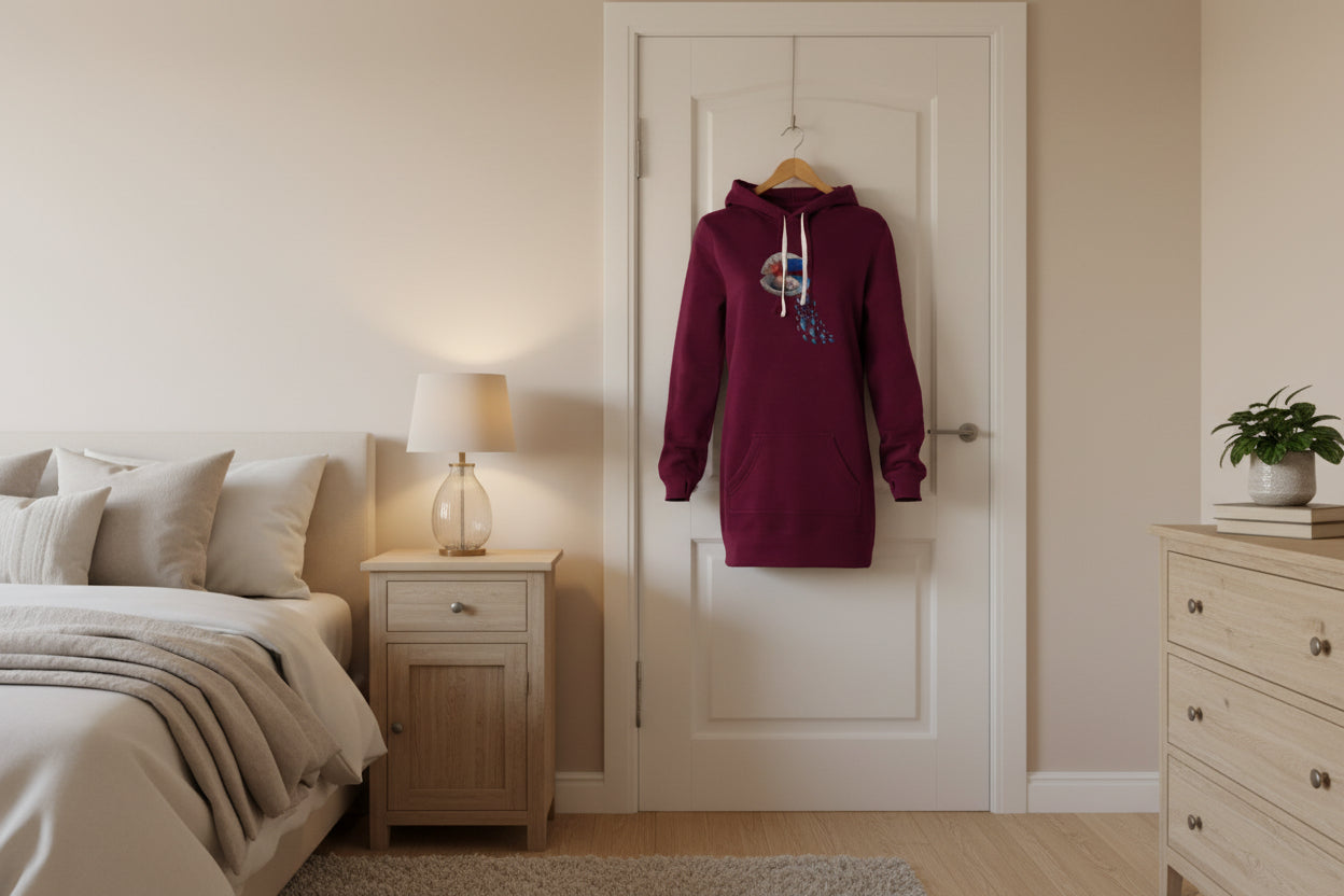 Kapuzenkleid rot Vorderansicht, Motiv Muschel mit Fischen