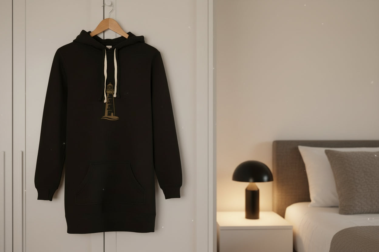 Leuchtturm Hoodie-Kleid Nordsee-Serie – maritime Kapuzensweatshirt-Kleid mit Leuchtturm-Motiv