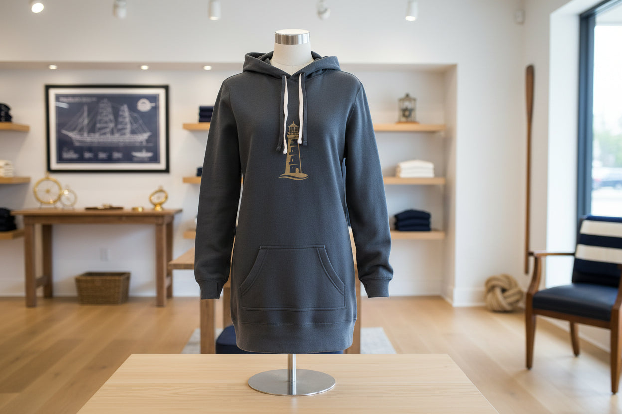 Detailansicht Leuchtturm-Print auf Hoodie-Kleid – Nordsee-inspiriertes Design