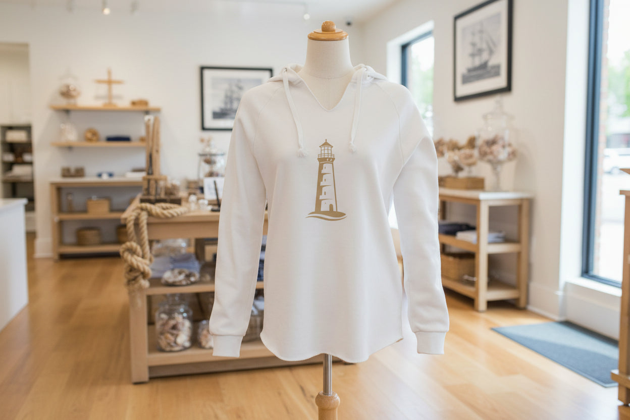 Detailansicht Leuchtturm-Print auf Damen-Kapuzenpullover – Nordsee-inspiriertes Design