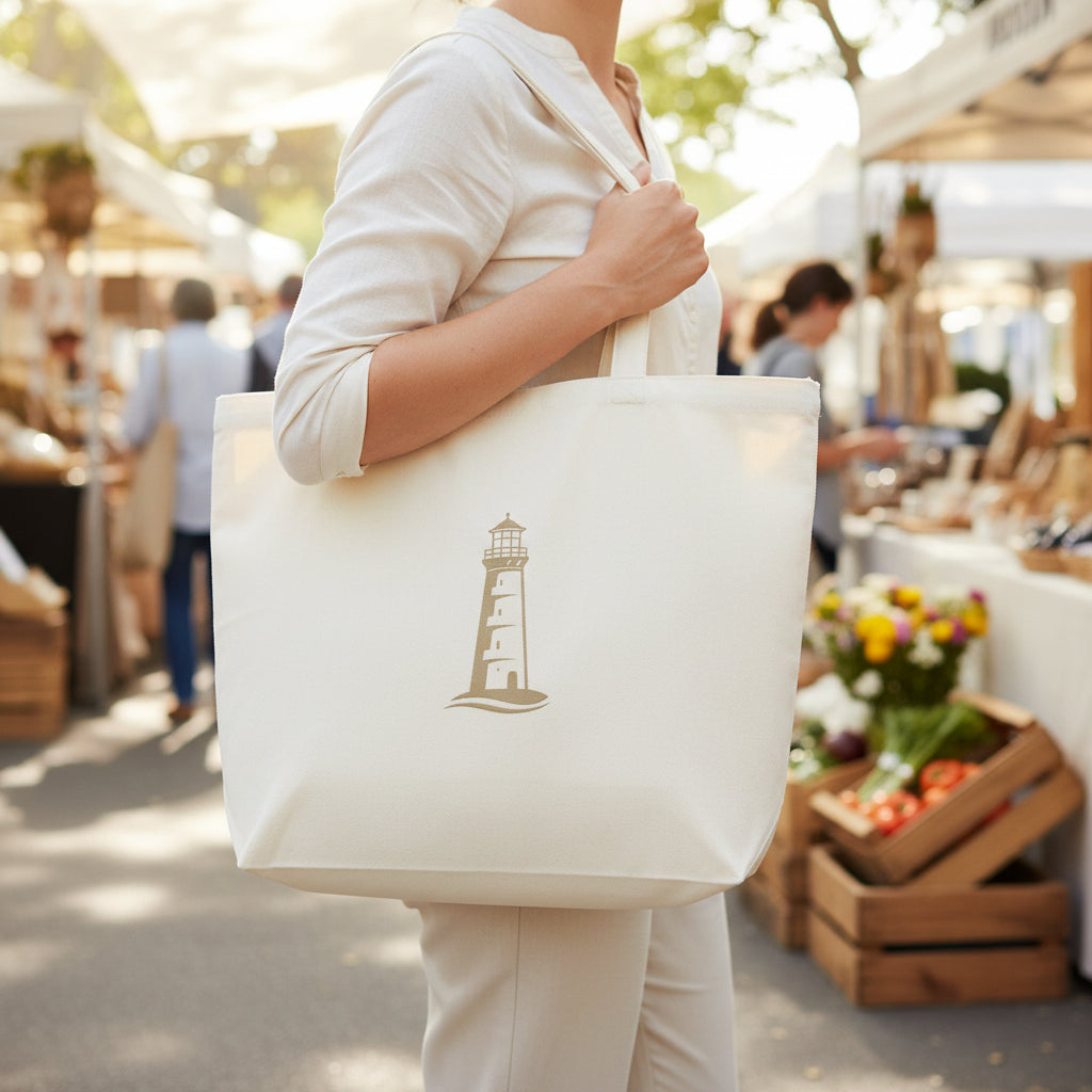 Nachhaltige Baumwoll-Tragetasche mit Leuchtturm-Motiv – Detailansicht der robusten Canvas-Verarbeitung