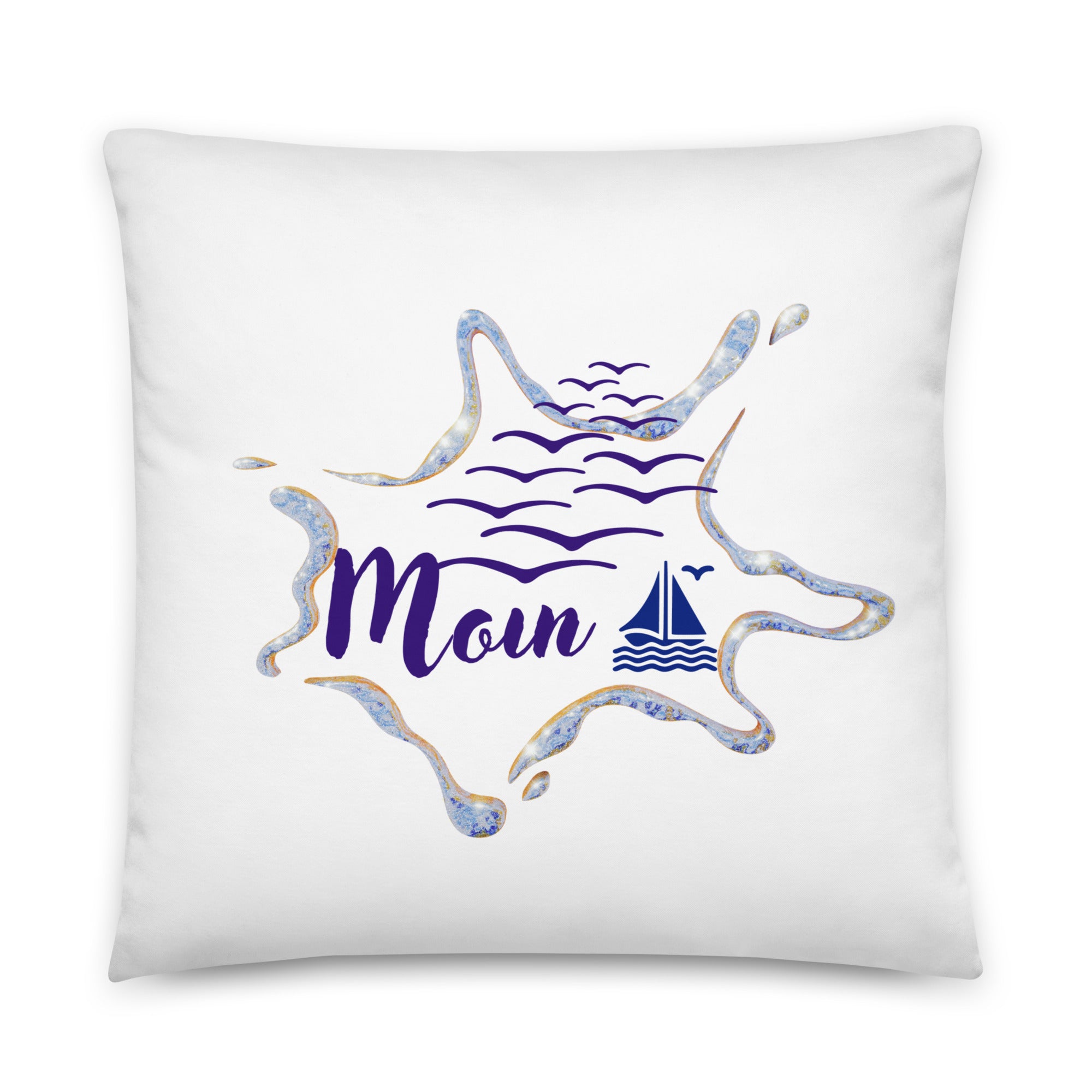 Maritimes Dekokissen  cm in Blau-Weiß mit Segelboot und Möwen und Moin