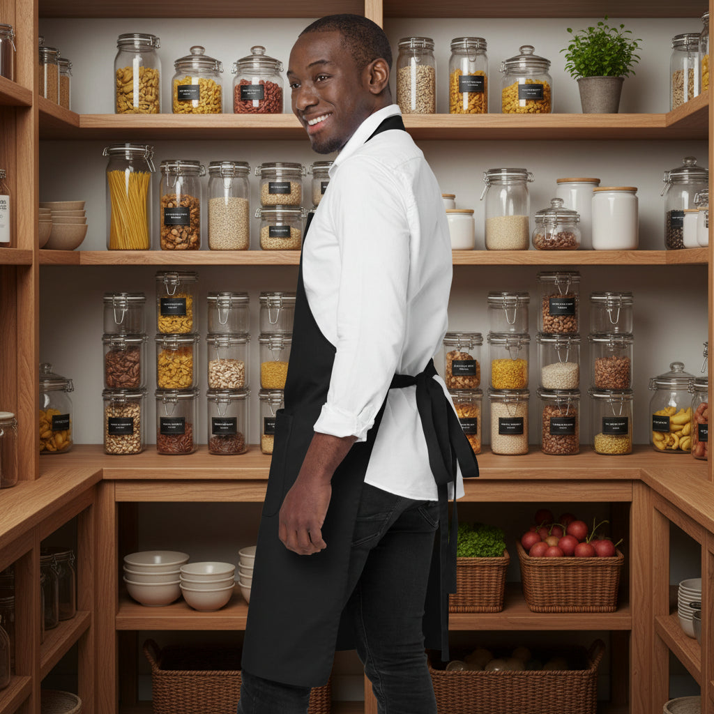 Küchenschürze in schwarz aus Bio-Baumwolle mit Leuchtturm-Motiv der Nordsee-Serie