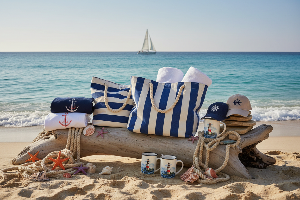 Zeige Merchartikel  mit maritimen Motiven, dazu Meer und Urlaubsfeeling